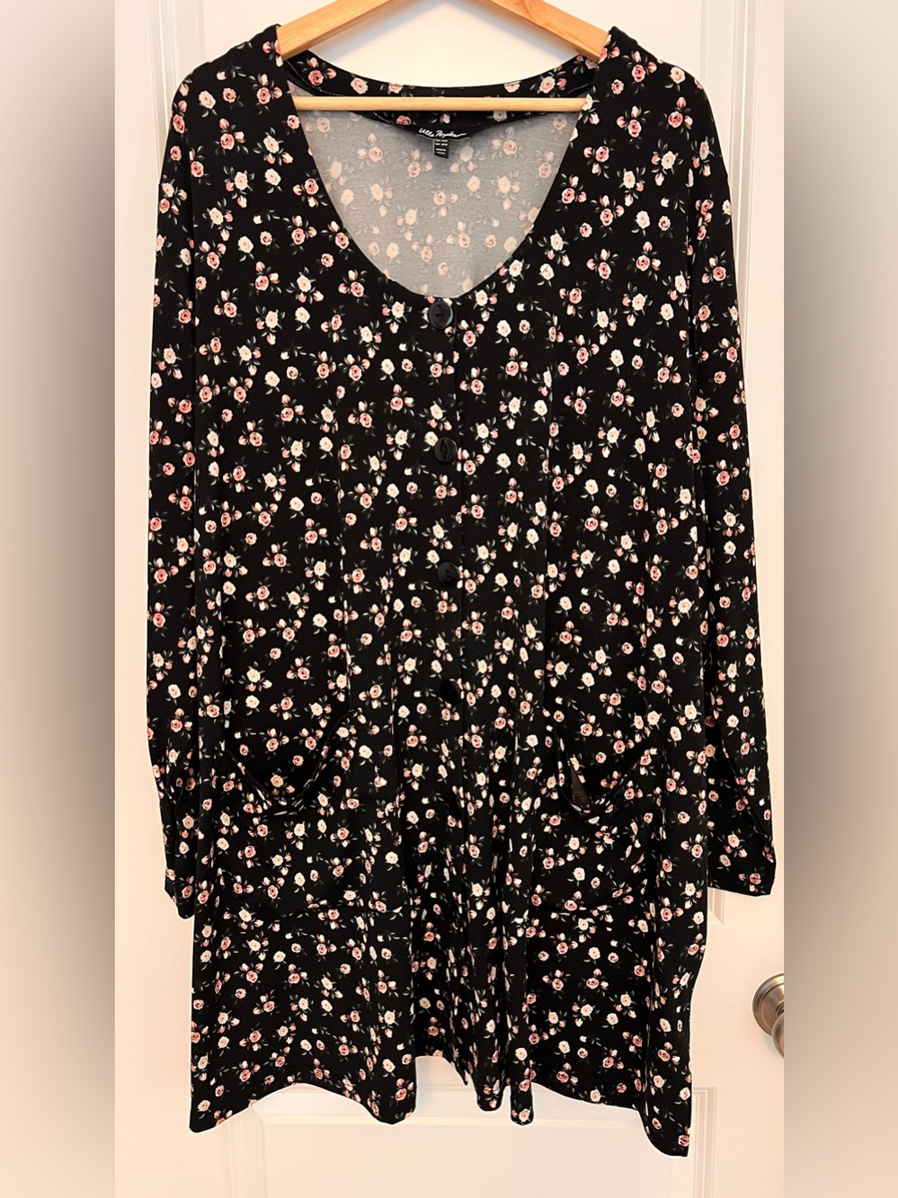 Ulla Popken Black Floral Button-Front Tunic with Pink and Cream Roses